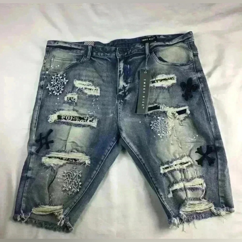 Smoke Rise Blue Jean Shorts Cut Off Destroyed Paint Splatter Embroidered Mens 44